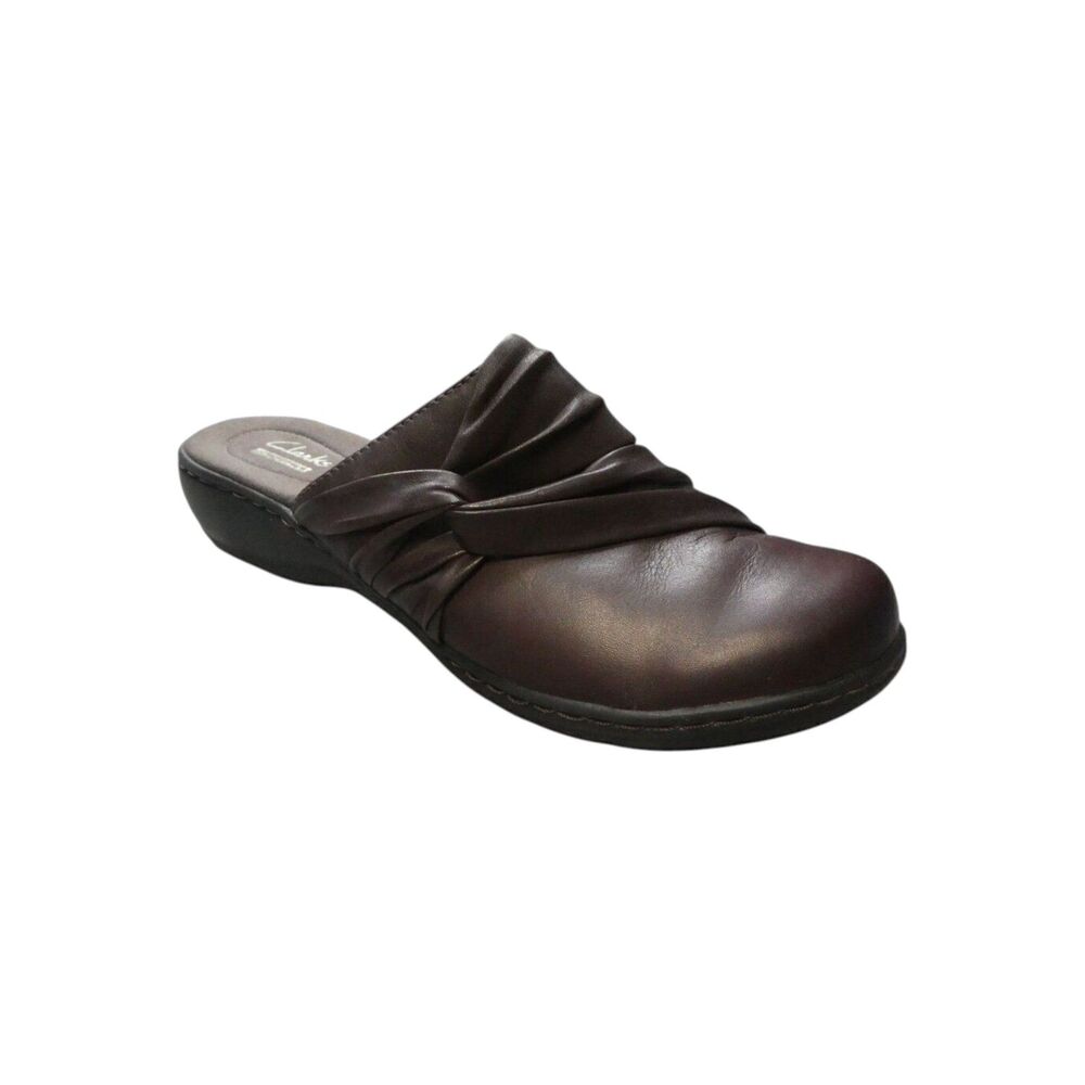 Clarks Collection Brown Leather Ruched Mule Clogs Womens Size 9M
